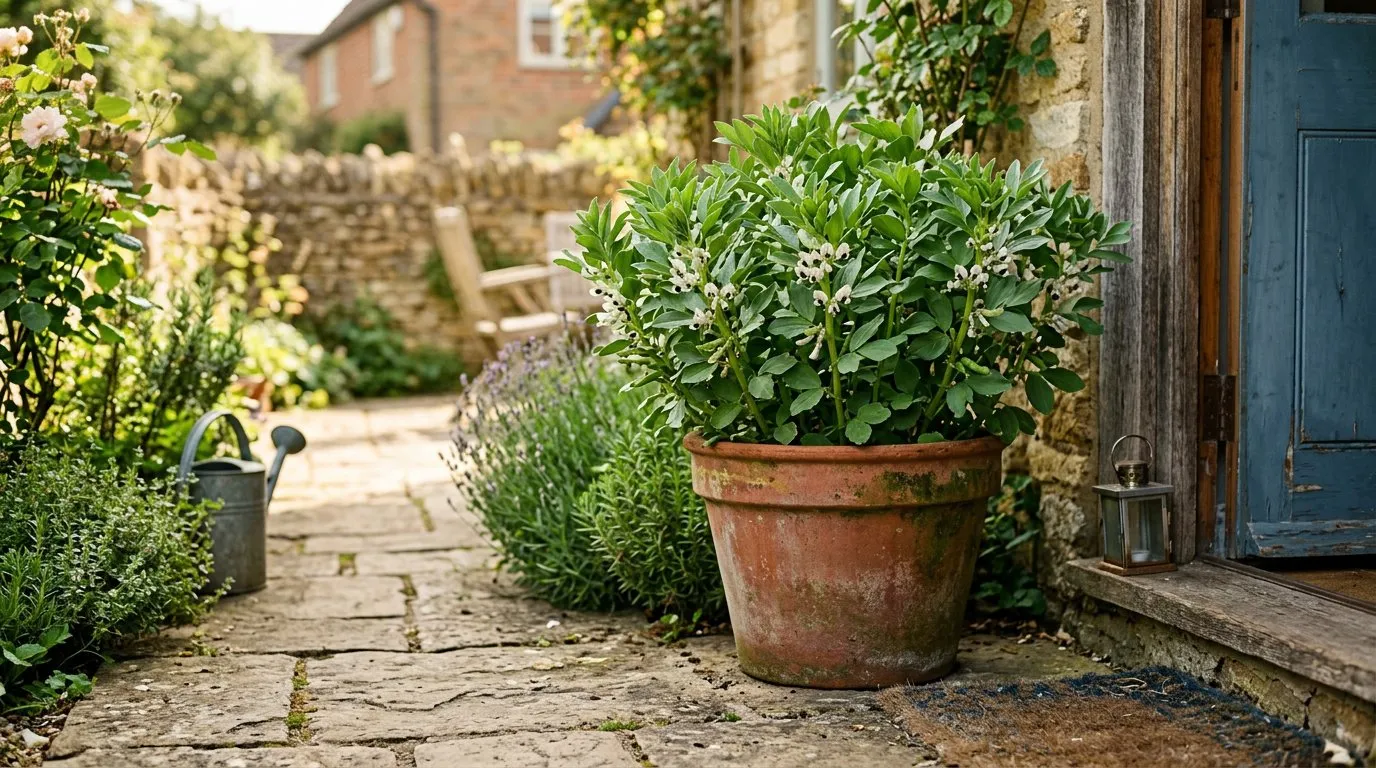 Dwarf broad beans growing in a terracotta pot beside a kitchen door on a UK patio