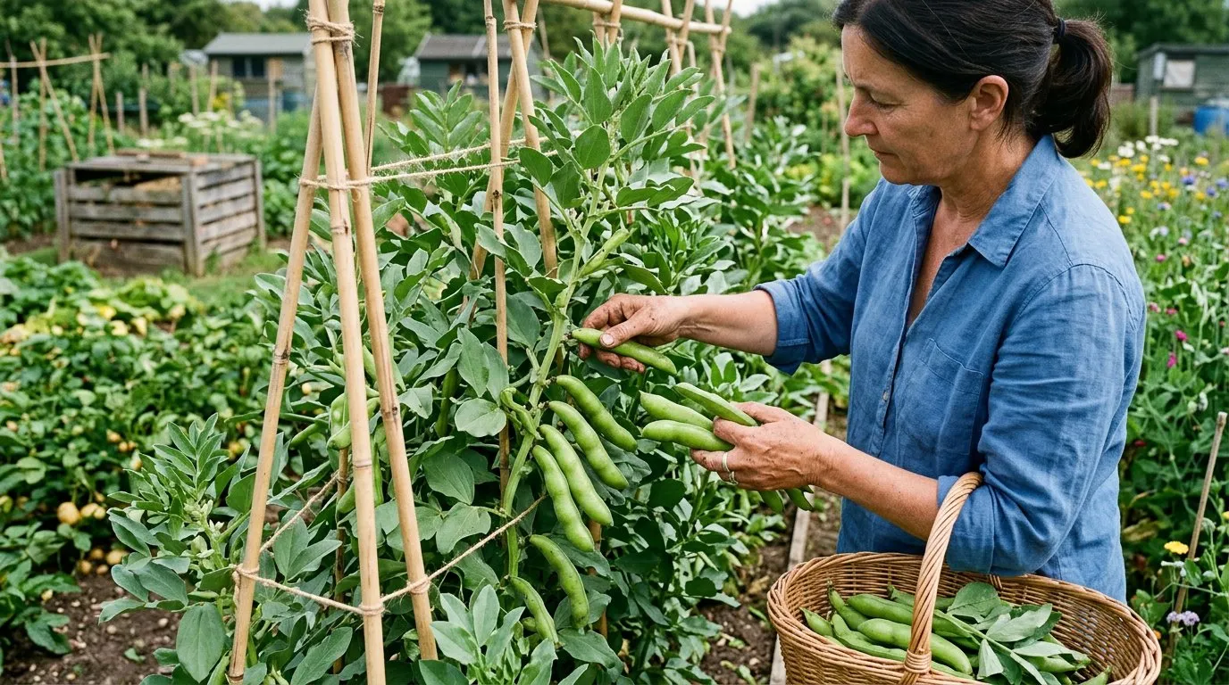 Mature broad bean plants with full pods ready for harvest