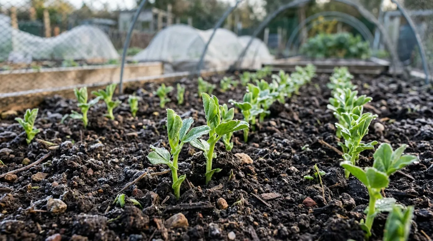 Broad bean seedlings emerging through soil in early spring
