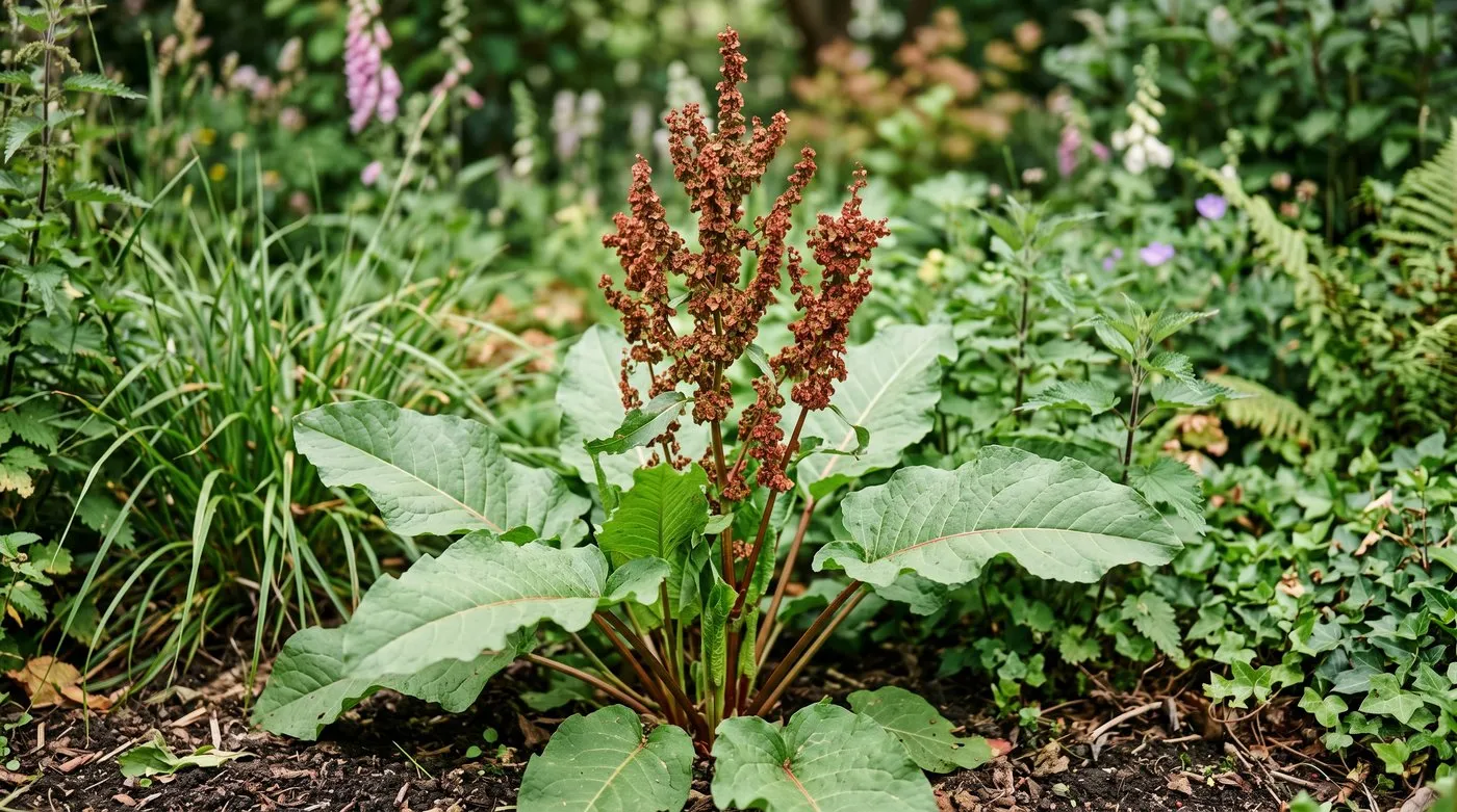Broad-leaved dock Rumex obtusifolius with large oval leaves and a rusty-red seed spike in a UK garden