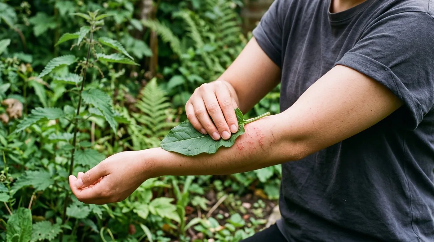 A hand rubbing a broad dock leaf onto a nettle sting on a forearm in a UK garden