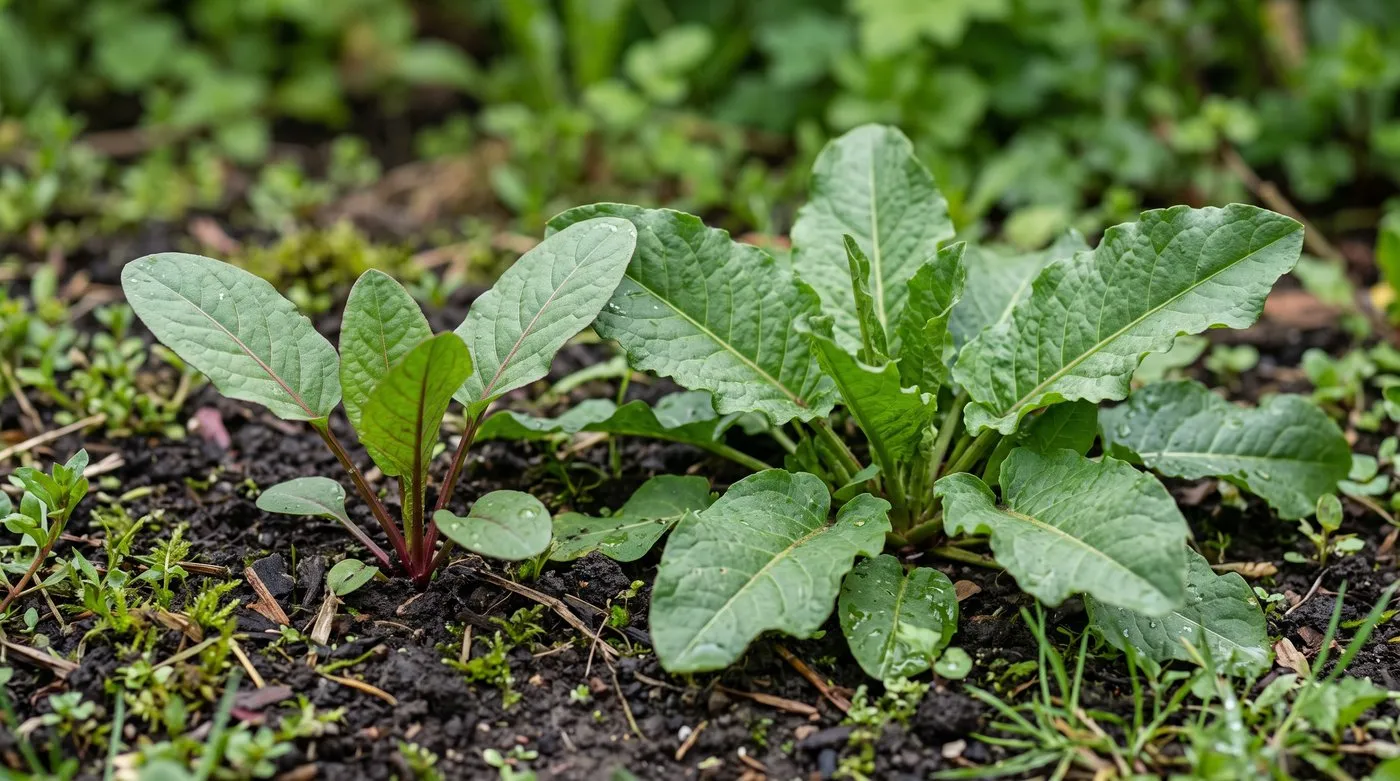 Young broad-leaved dock seedling beside an established rosette in damp UK garden soil