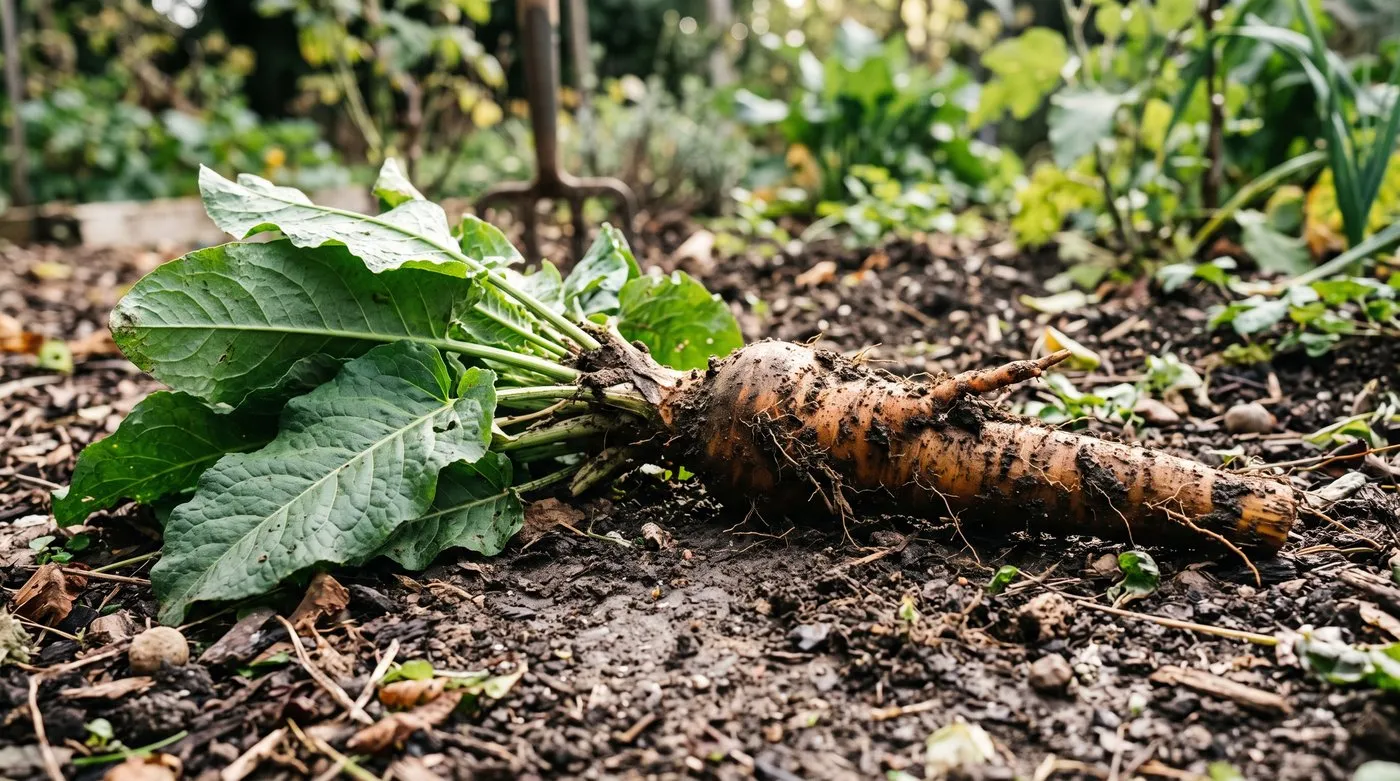 The thick deep tap root of a broad-leaved dock lifted from the soil beside the leafy rosette