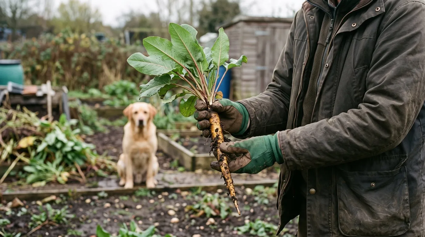 Gardener holding a whole broad-leaved dock tap root after rain on a UK allotment