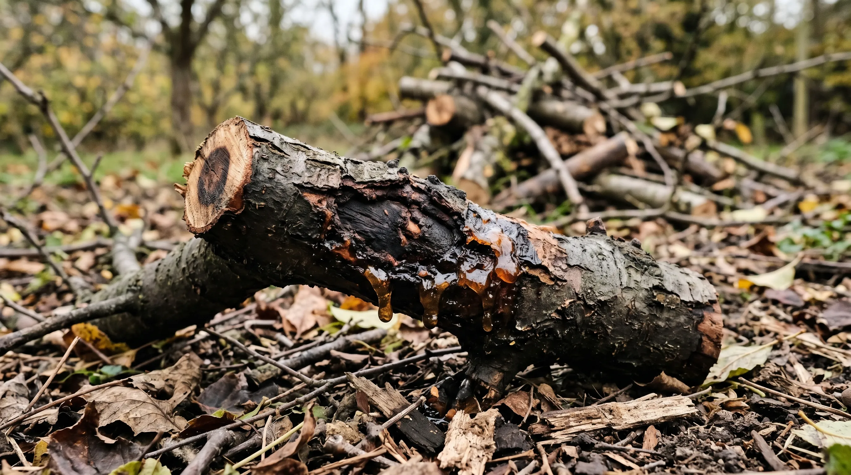 A close-up of pruned canker wood from a UK plum tree showing the sunken bark area with gum oozing visible at the edge, with the cut wood lying on the ground for burn-pile disposal