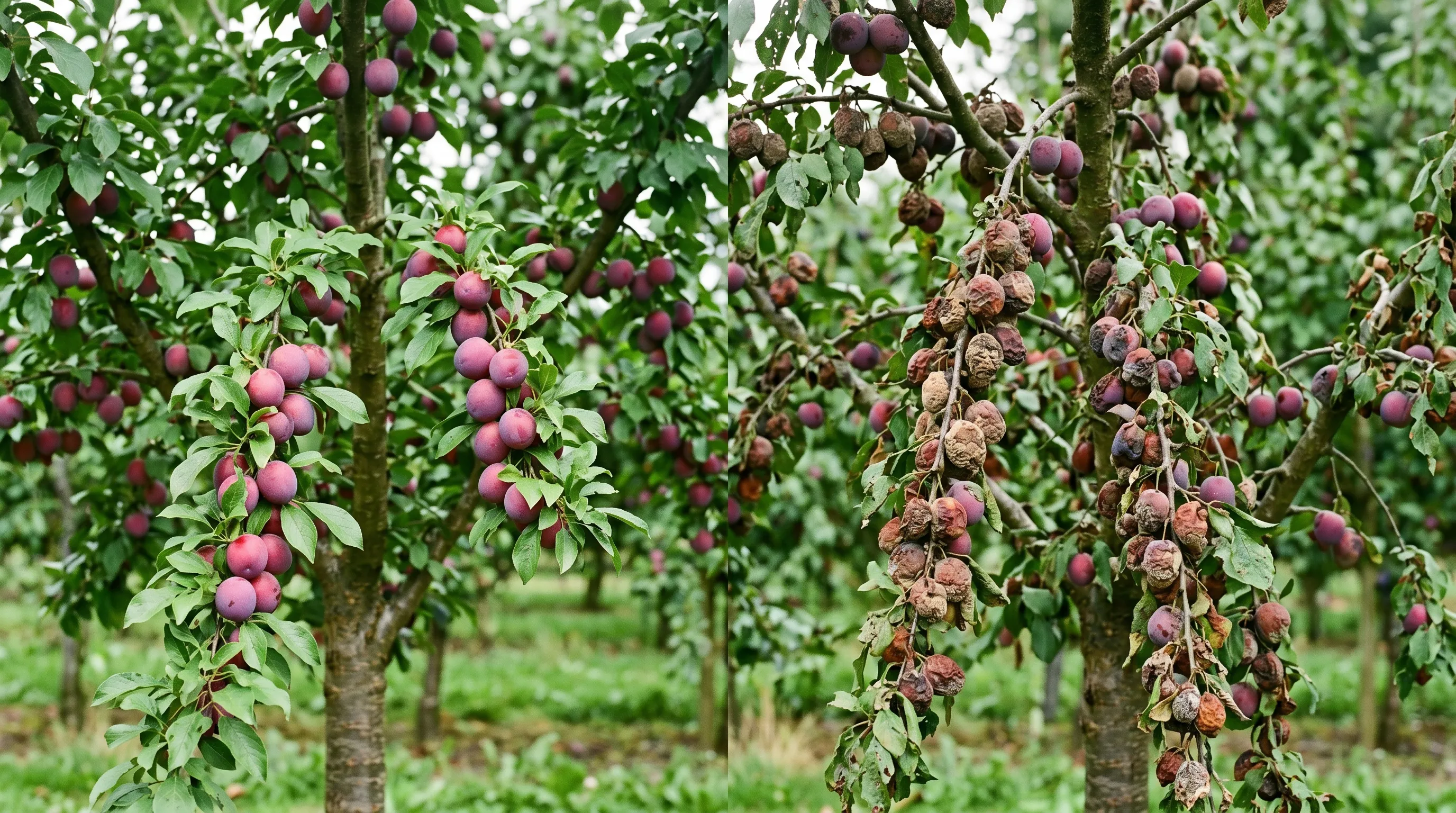 A diagnostic comparison of two UK plum trees in late August, the left under sanitation routine showing healthy fruit with minimal disease, the right unmanaged with multiple brown-rotted fruits visible
