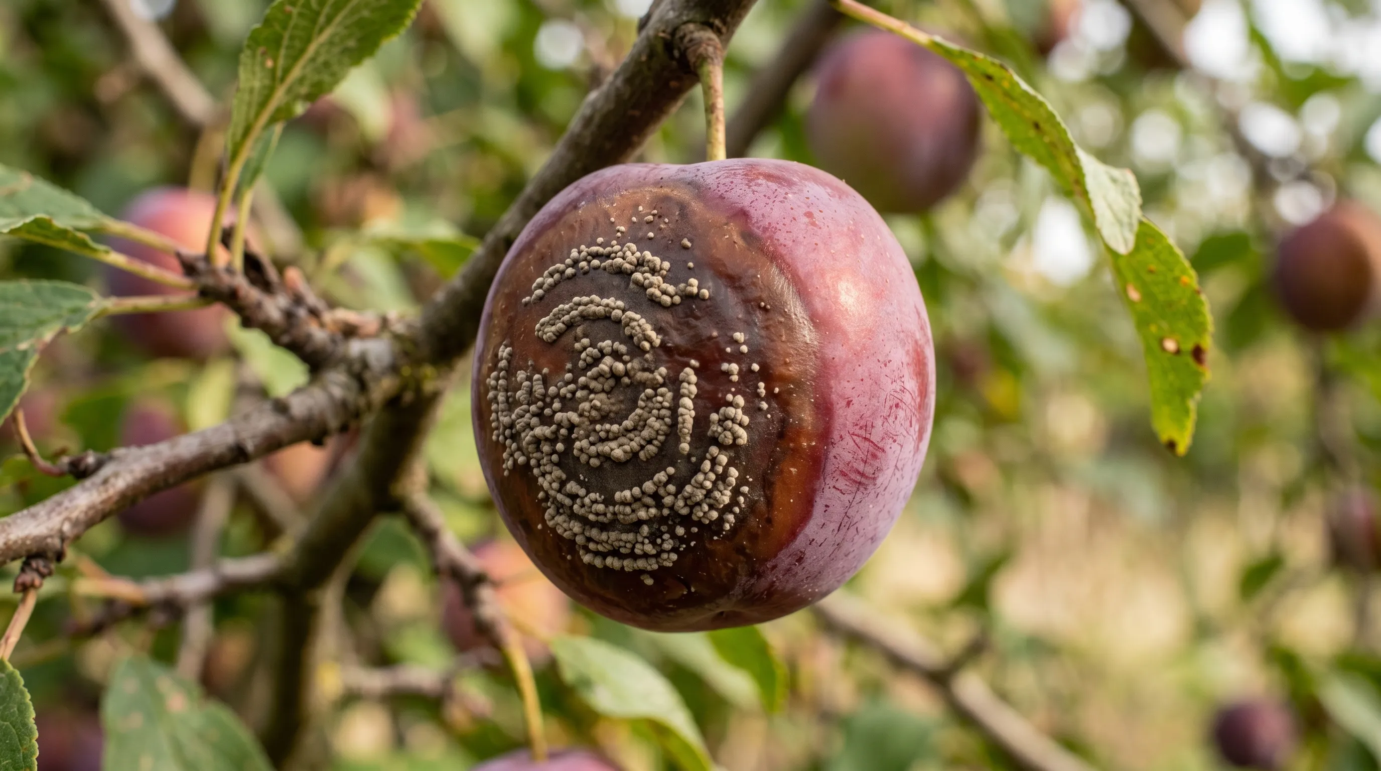A diagnostic close-up of UK stone fruit showing brown rot (Monilinia) on a ripe plum, with the brown soft rot patch and visible greyish fungal spores