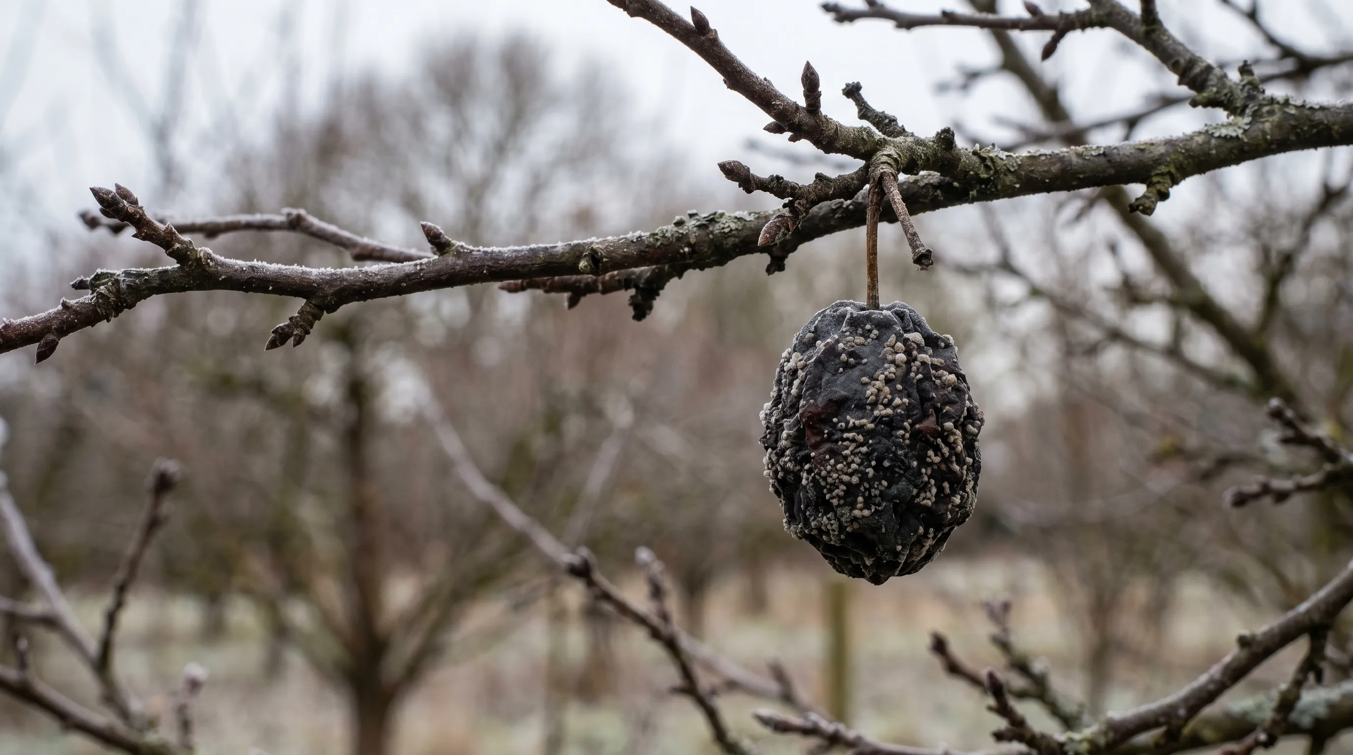 A close-up of a UK stone fruit orchard branch in late January showing a single dark mummified plum still hanging on the otherwise bare branch, the dried fruit clearly visible as the spore source for next spring