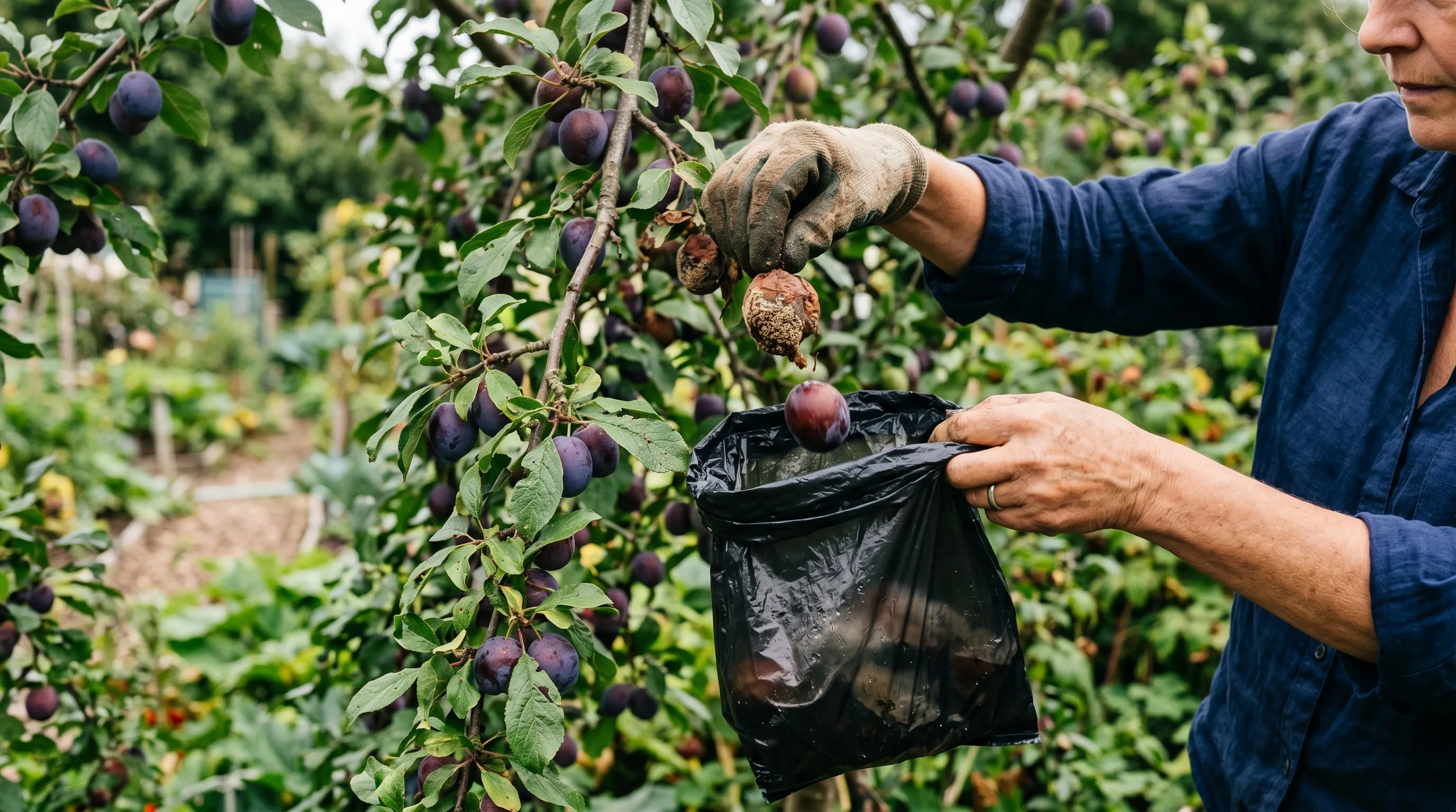 A UK gardener's hand picking a brown-rotted plum from a tree branch in late August, dropping it directly into a sealed black plastic bag for disposal