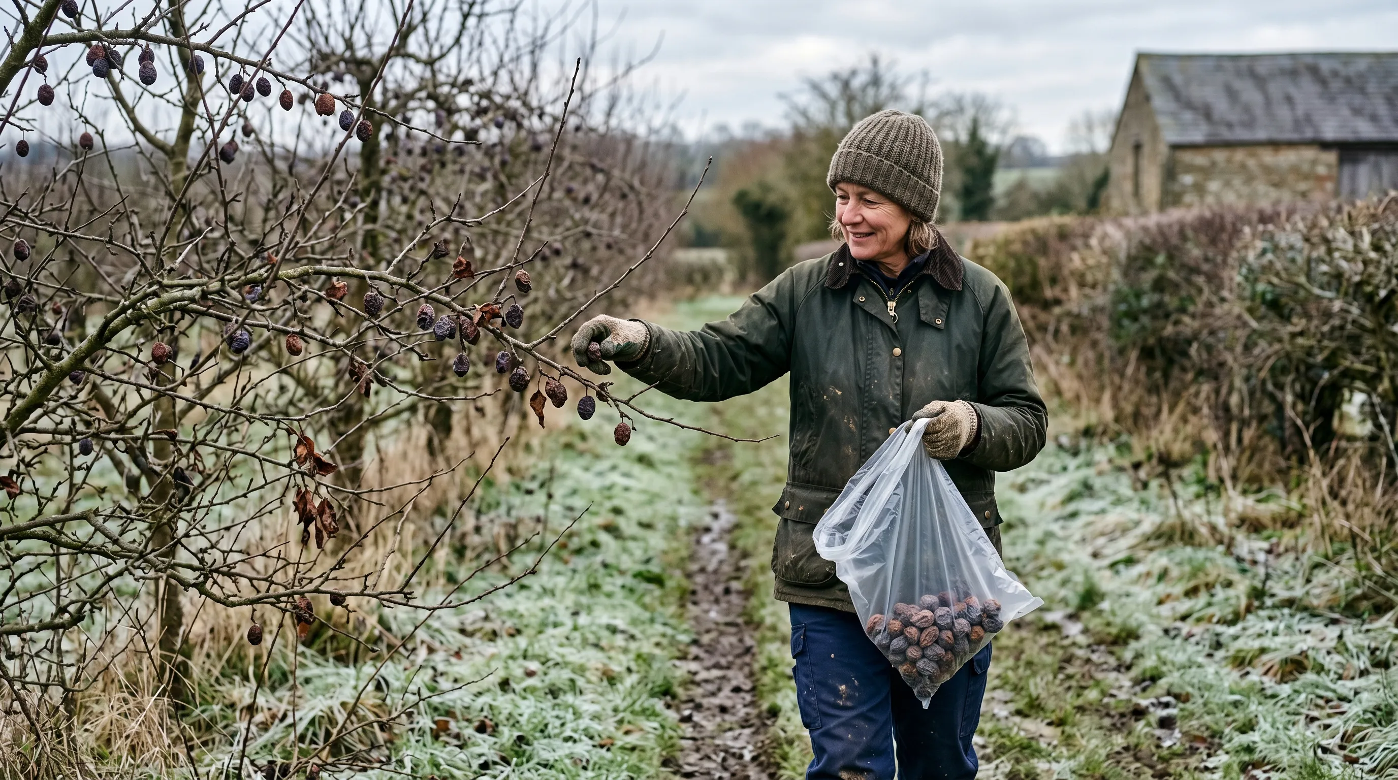 A UK gardener walking through a stone fruit orchard in January, picking dried mummified plums from the branches and dropping them into a sealed bag for disposal