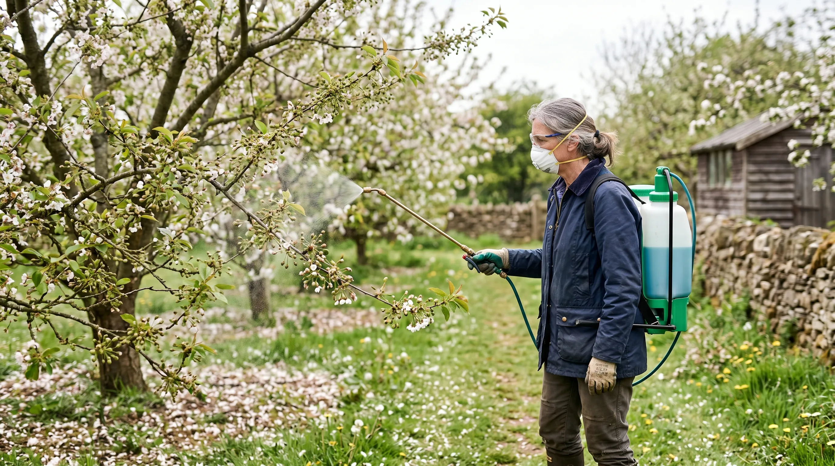 A UK gardener applying copper-based fungicide spray to a stone fruit tree at petal fall in early May, using a knapsack sprayer with the spray clearly directed at the developing fruitlets
