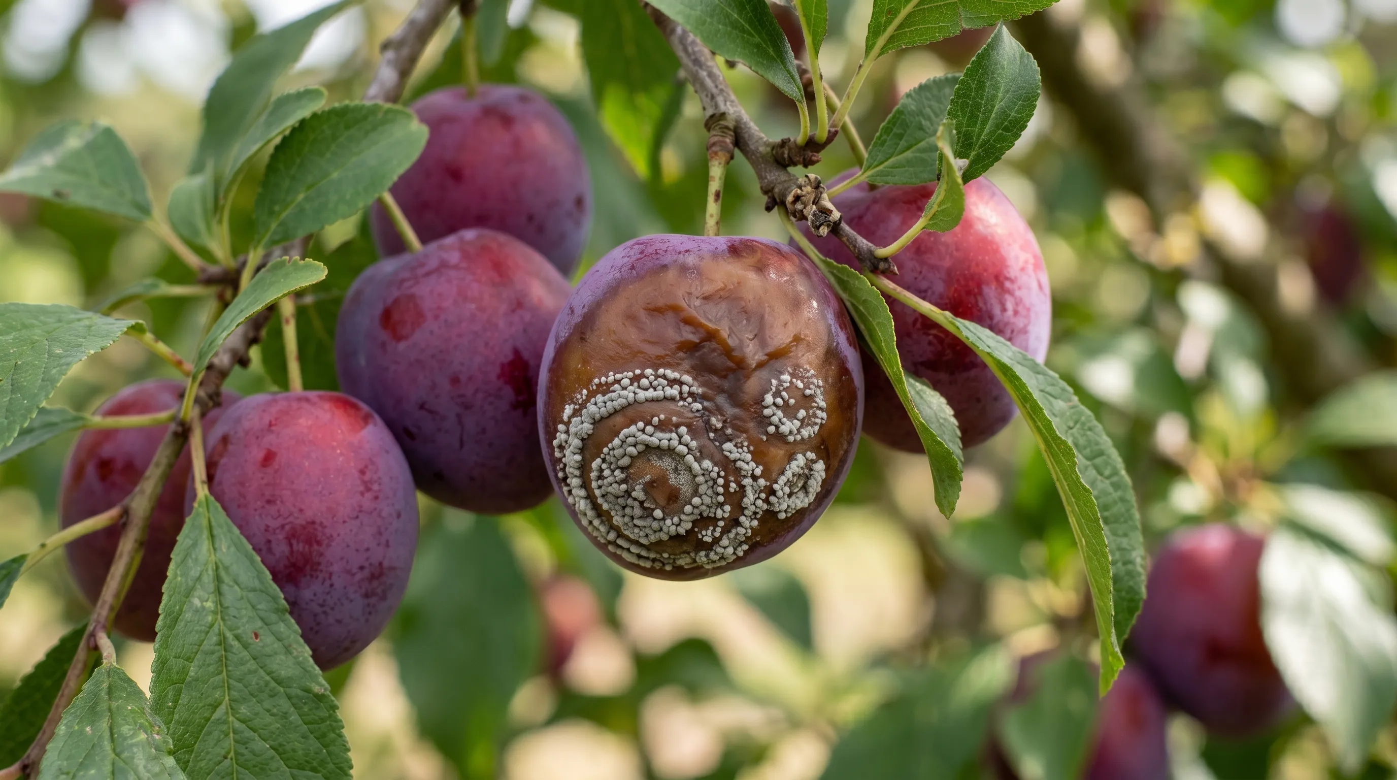 A diagnostic close-up of UK plums showing classic brown rot on a single fruit with concentric grey spore rings emerging from the brown rotting tissue, with healthy plums on the same branch nearby
