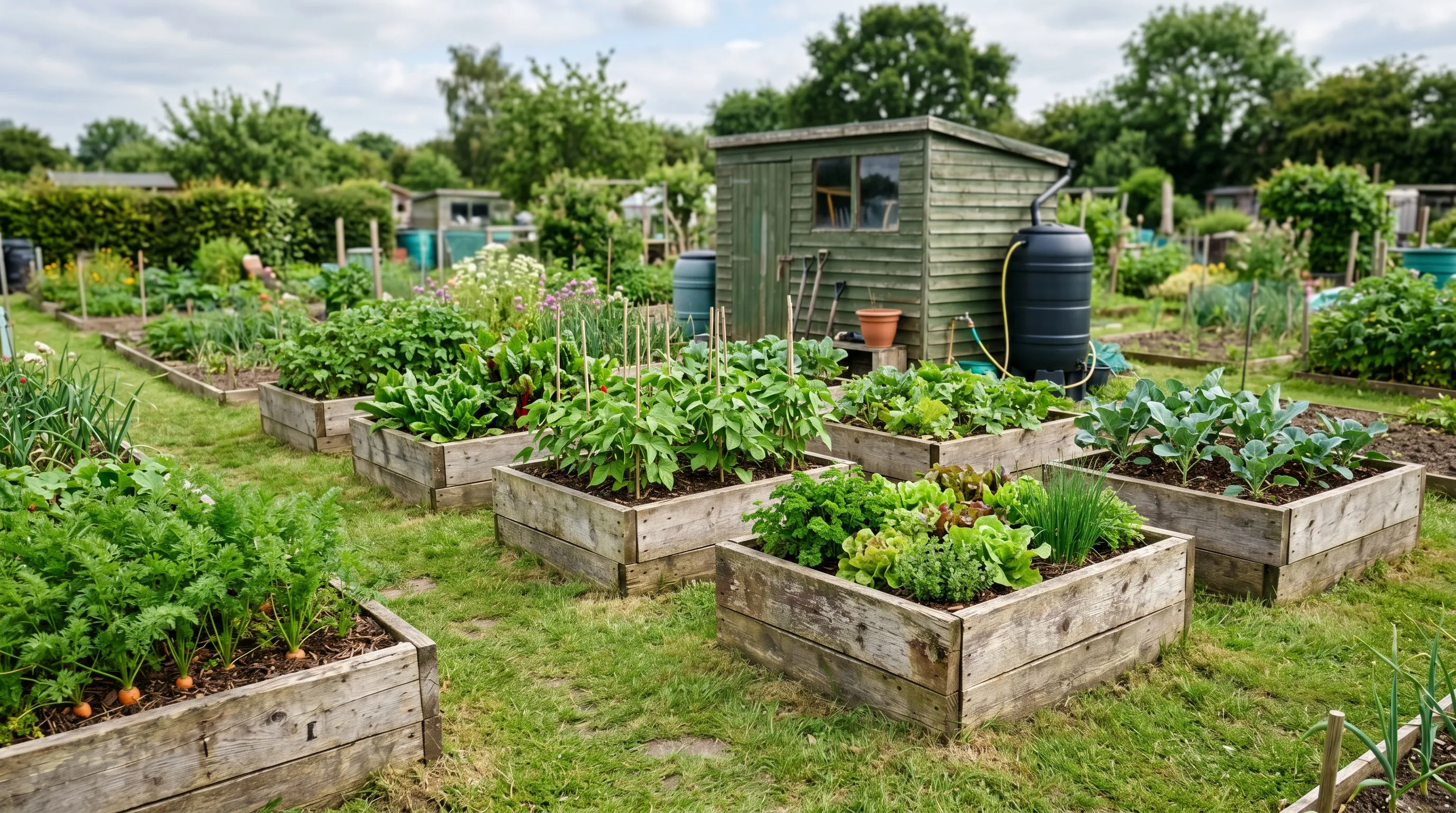 Five raised beds in a row at a UK allotment plot showing varying ages and contents