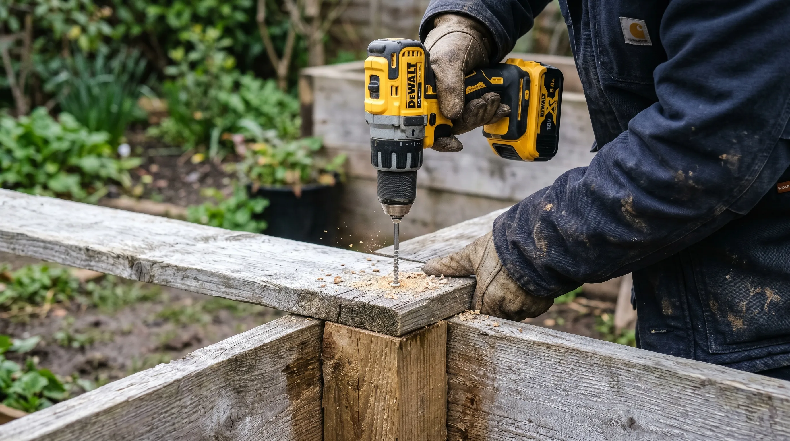 Cordless drill driving screws into raised bed corner stake during a UK garden build