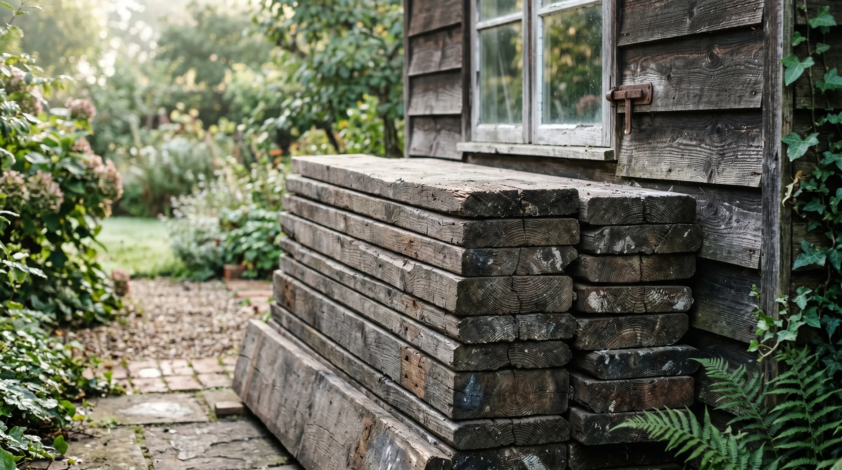 Reclaimed scaffold boards stacked ready to cut into raised bed lengths