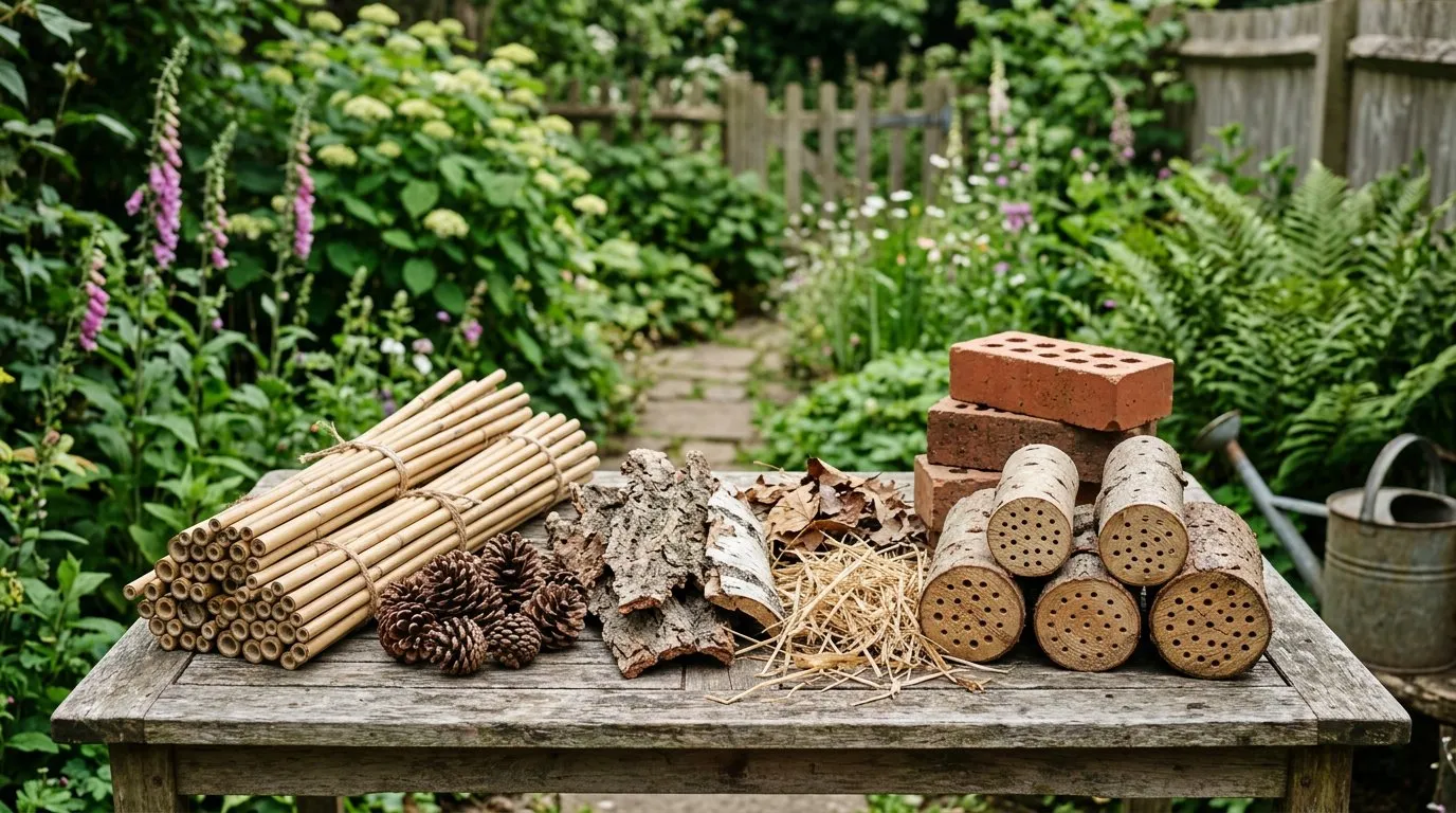 Bug hotel building materials including bamboo canes, pine cones, bark, and drilled logs on a garden table