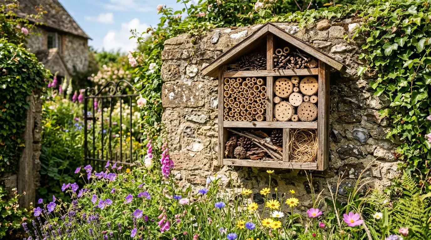Completed bug hotel mounted on a sunny wall in a UK cottage garden with wildflowers below