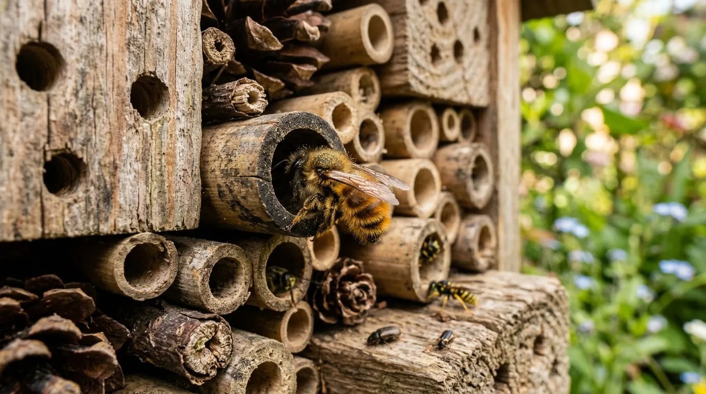 Solitary bee entering a bamboo tube in a bug hotel in a UK spring garden