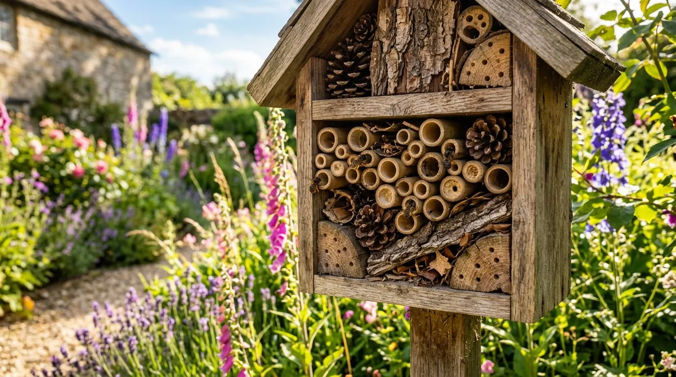 Wooden bug hotel filled with bamboo canes, drilled logs, and pine cones mounted on a garden fence