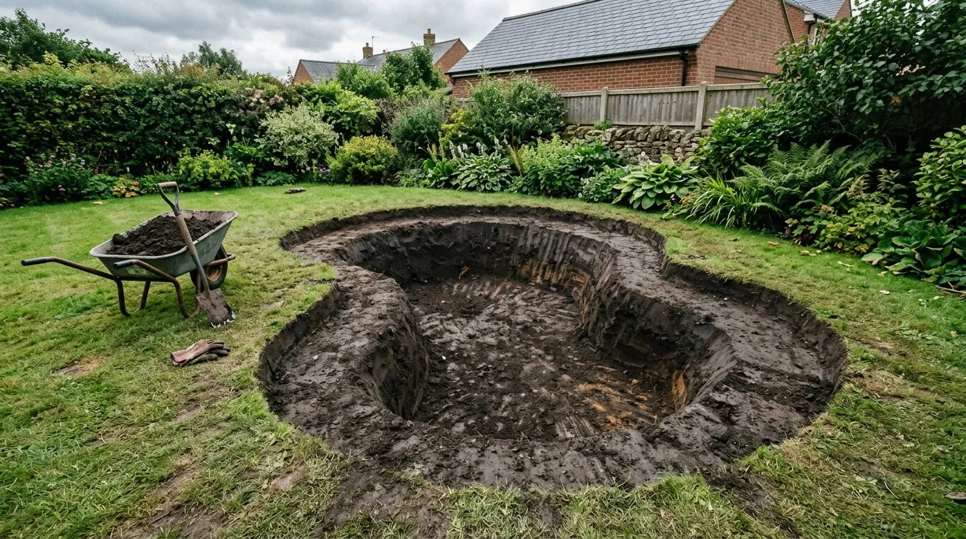 Digging out a garden pond excavation showing marginal shelf and deep zone