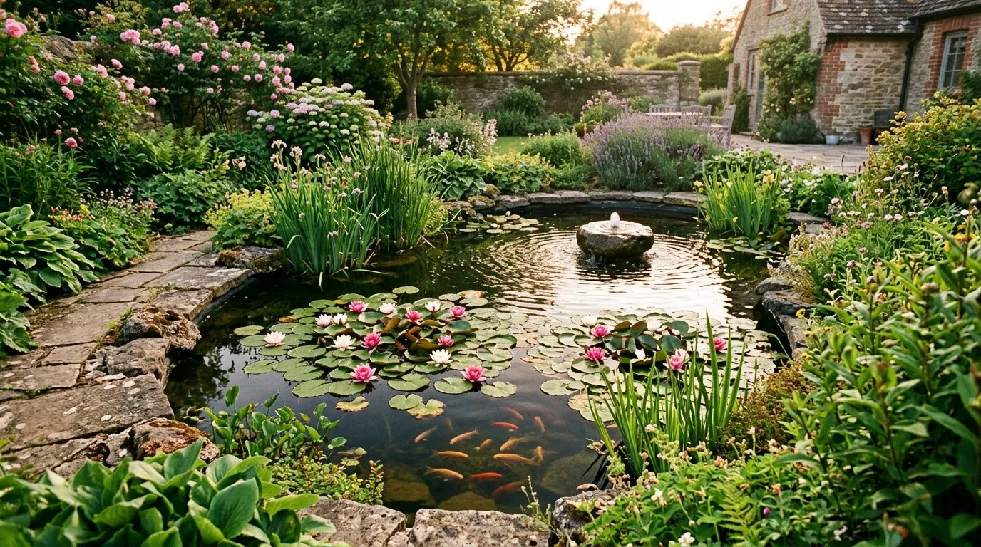 Completed ornamental garden pond with flagstone edging, water lilies, and a small fountain