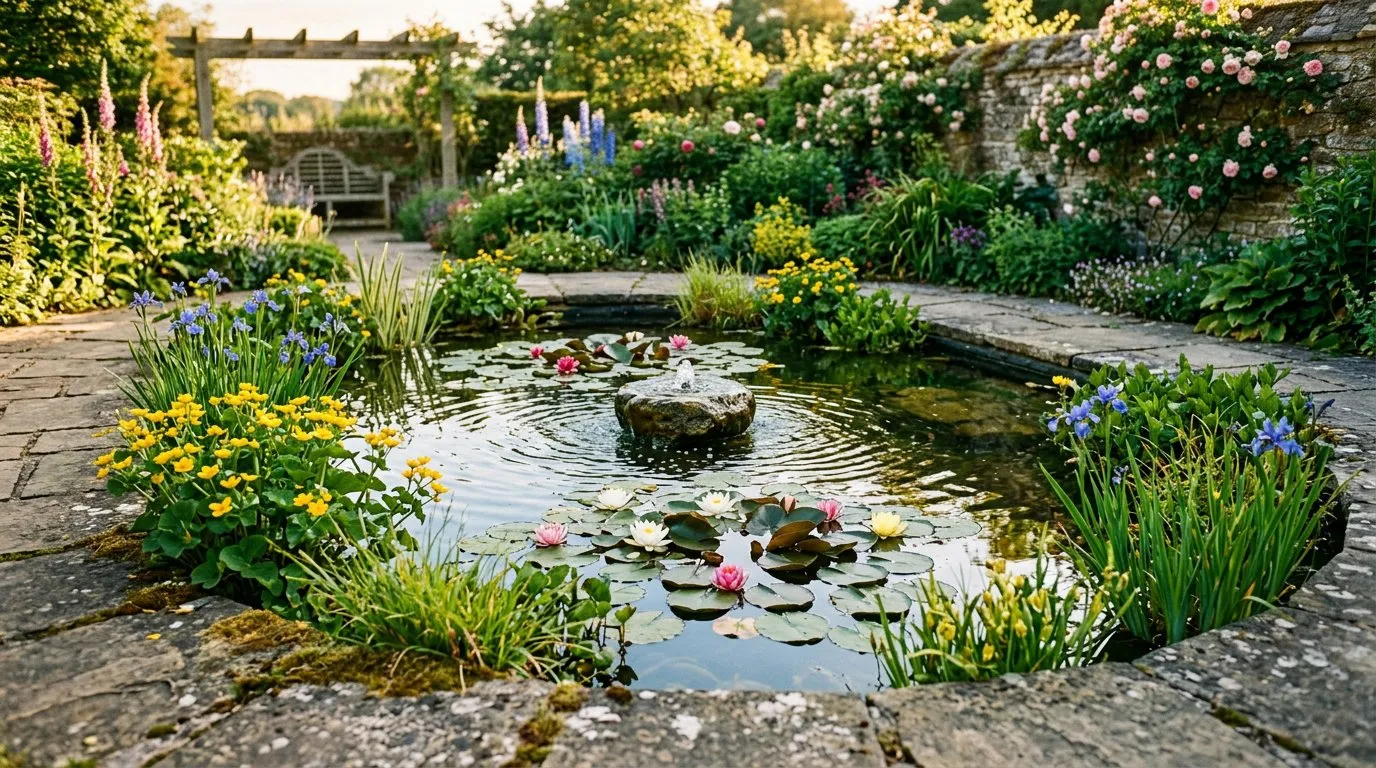 Finished ornamental garden pond with water lilies, flagstone edging, and a small fountain in a sunny UK back garden
