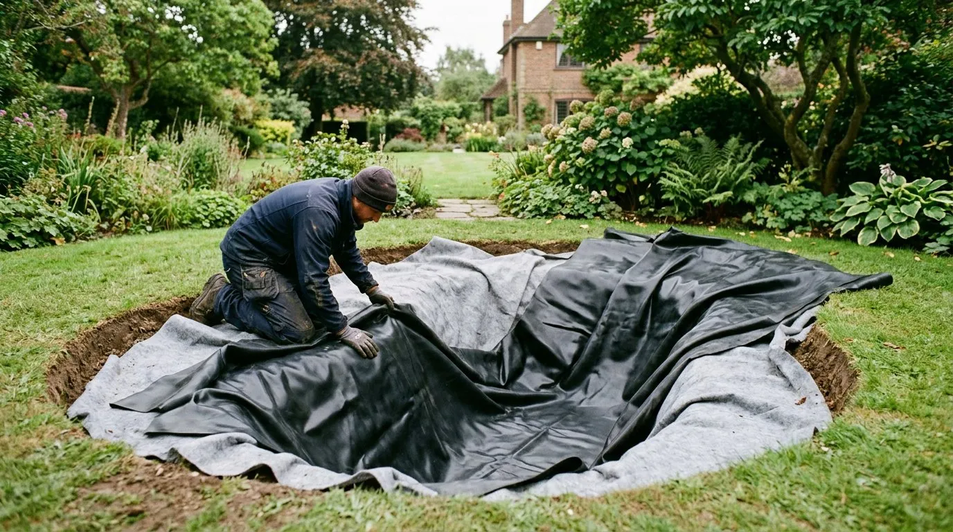 Butyl liner being laid into a prepared garden pond excavation with underlay visible