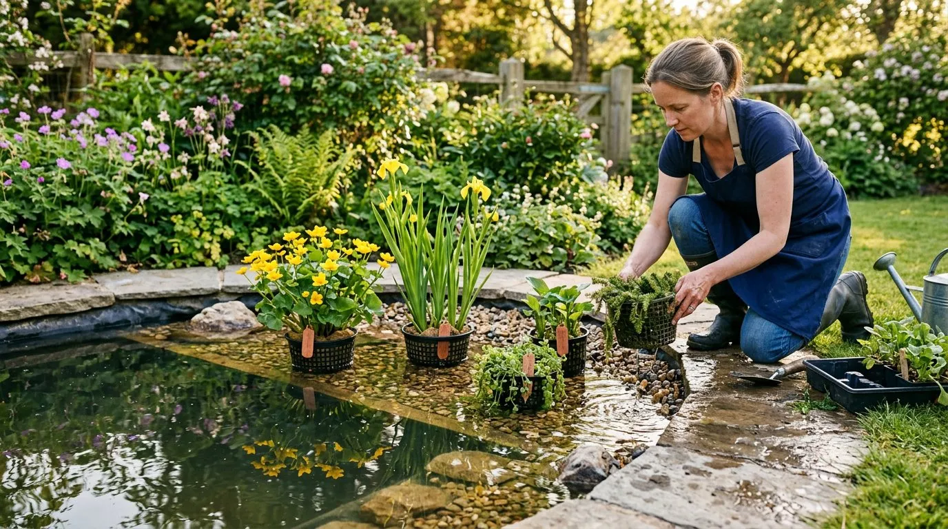 Aquatic plants being placed into an ornamental garden pond on planting shelves