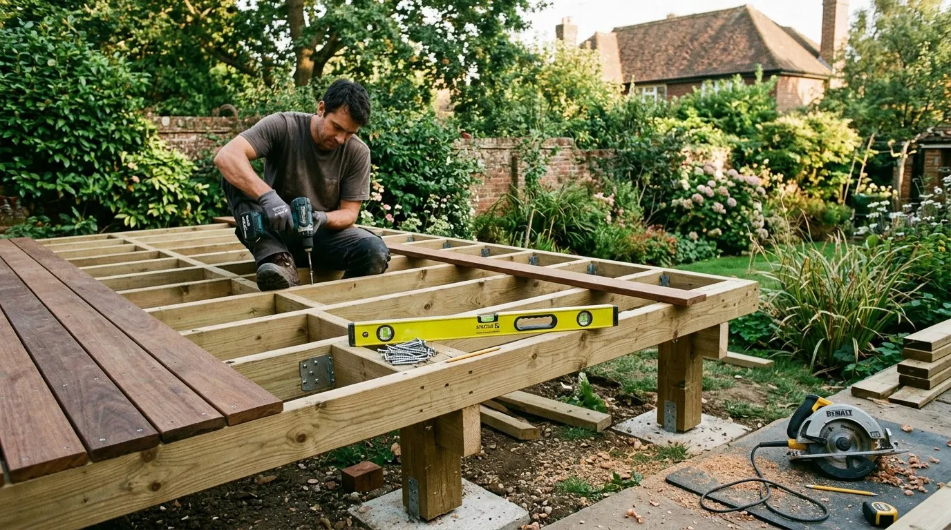 Raised timber deck under construction in a UK back garden with joist framework visible and spirit level on the frame