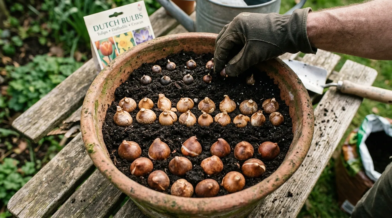 Bulb lasagne planting depth diagram showing three layers in a container