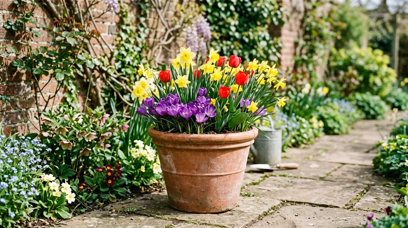 Bulb lasagne planting layers in a terracotta pot showing tulips, daffodils, and crocus bulbs in a UK garden