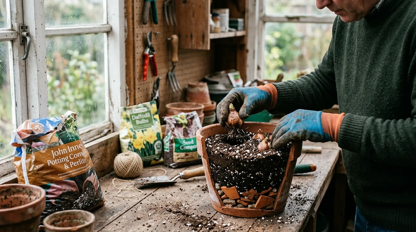 Close-up of hands planting daffodil bulbs into a layered bulb lasagne container with visible crocks and perlite compost