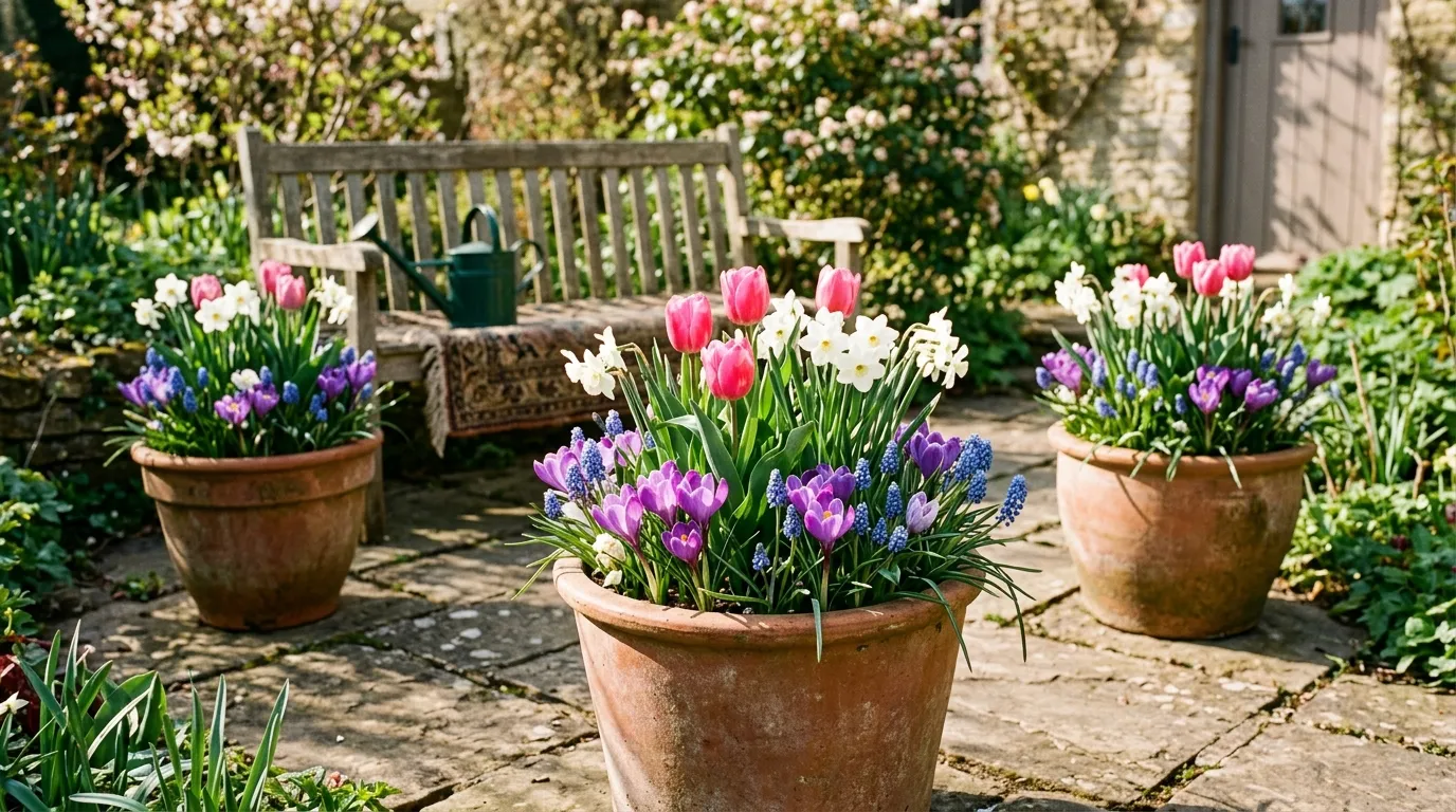 Colourful bulb lasagne pot with crocus, daffodils, and tulips flowering in sequence in a UK patio garden