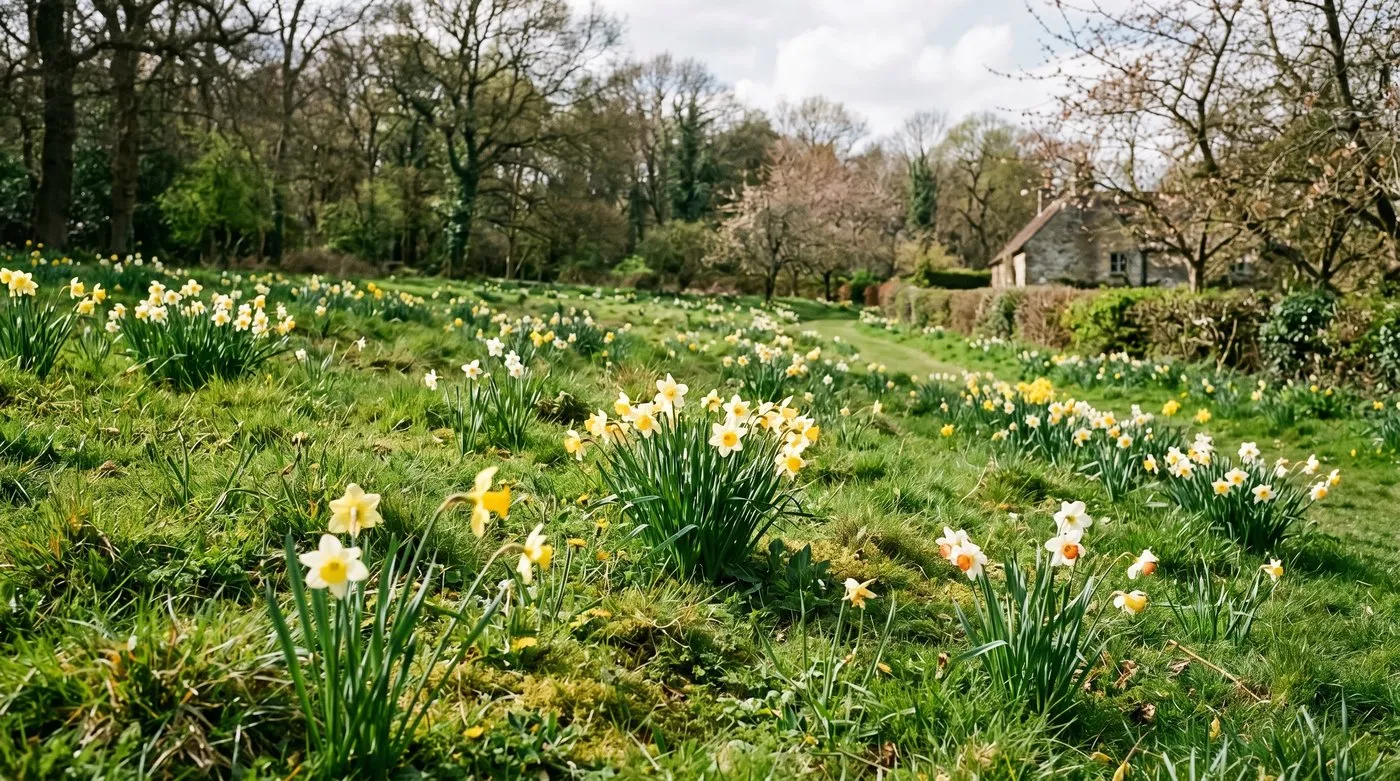 An informal drift of mixed daffodils naturalised in grass, planted sparsely and randomly so it looks natural