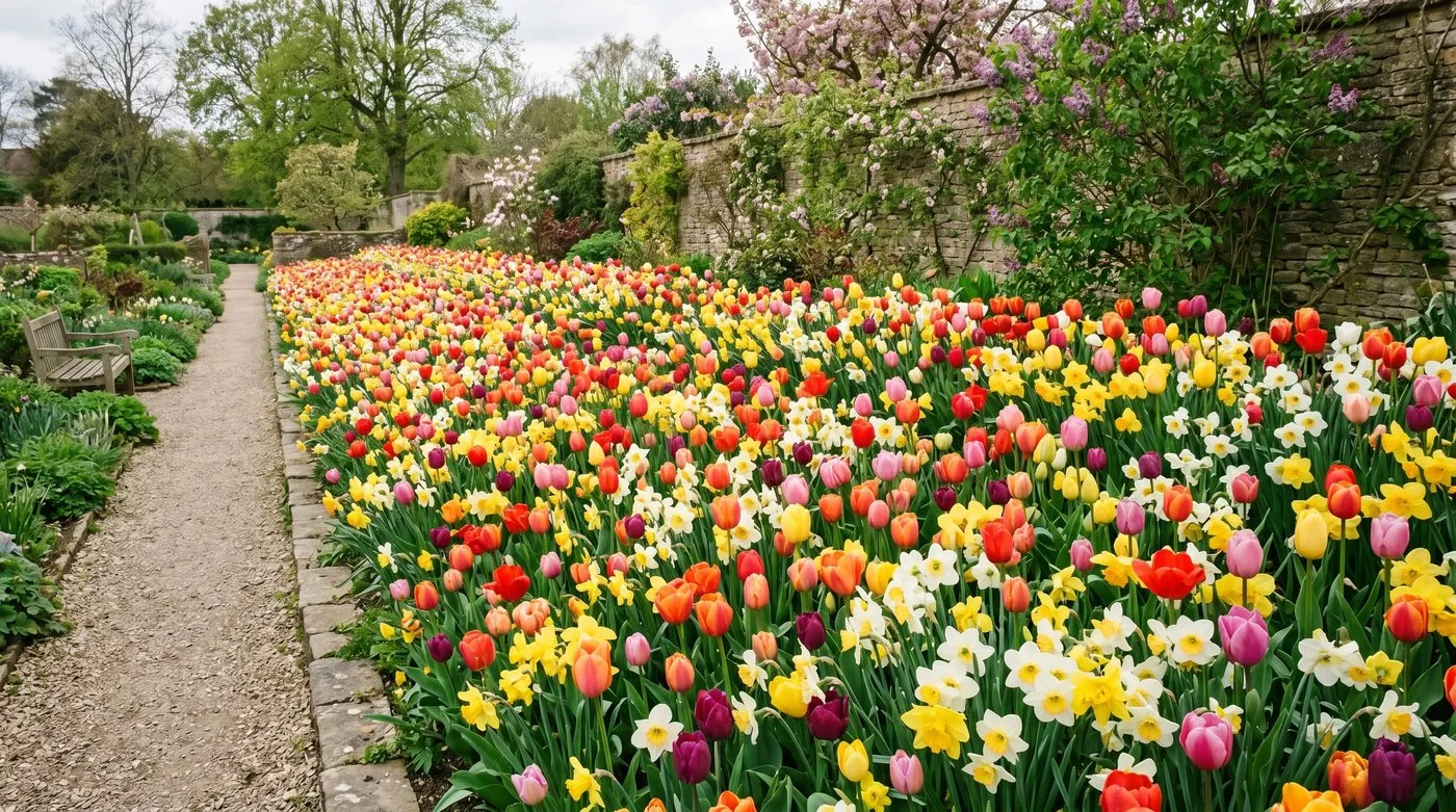 A densely planted spring border packed with tulips and daffodils showing the right bulb planting density
