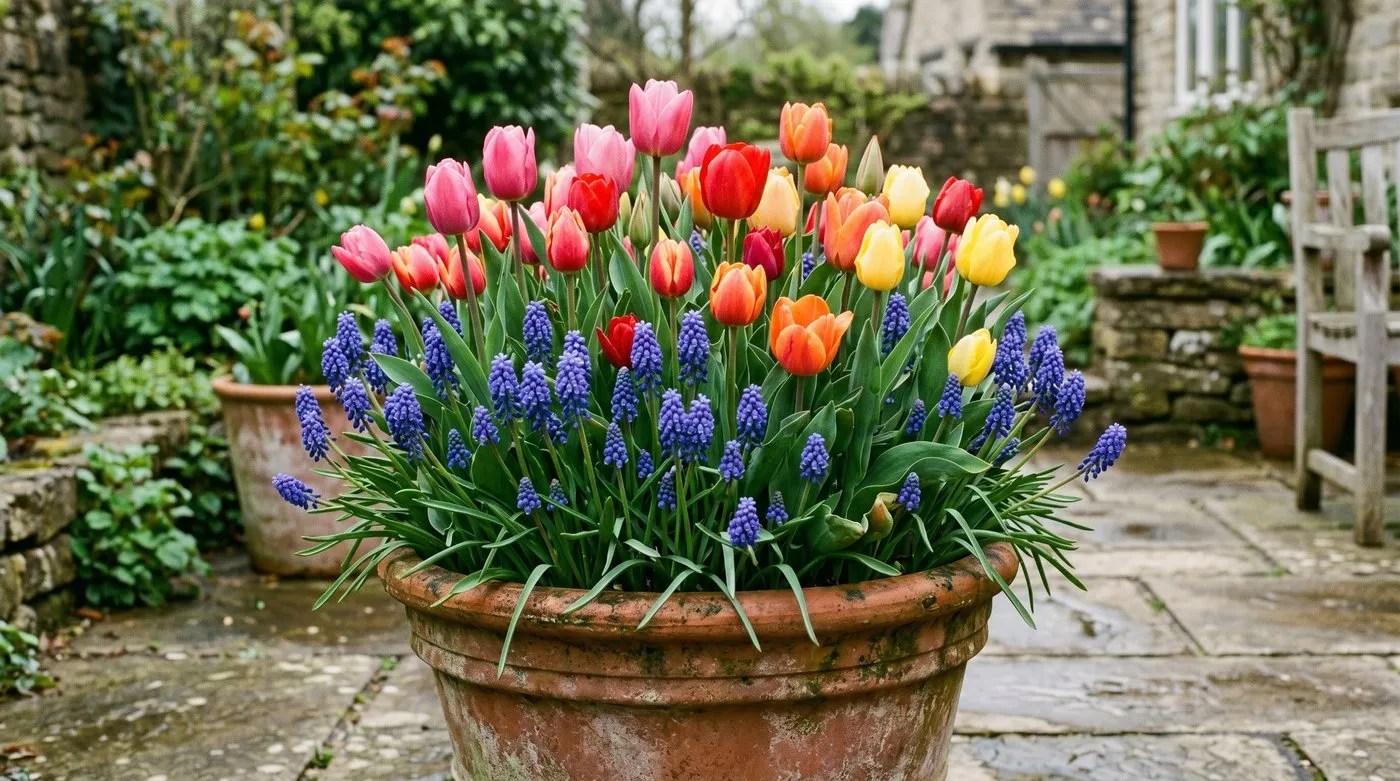 A packed container of tulips and muscari in full flower, showing the high density used for pot displays