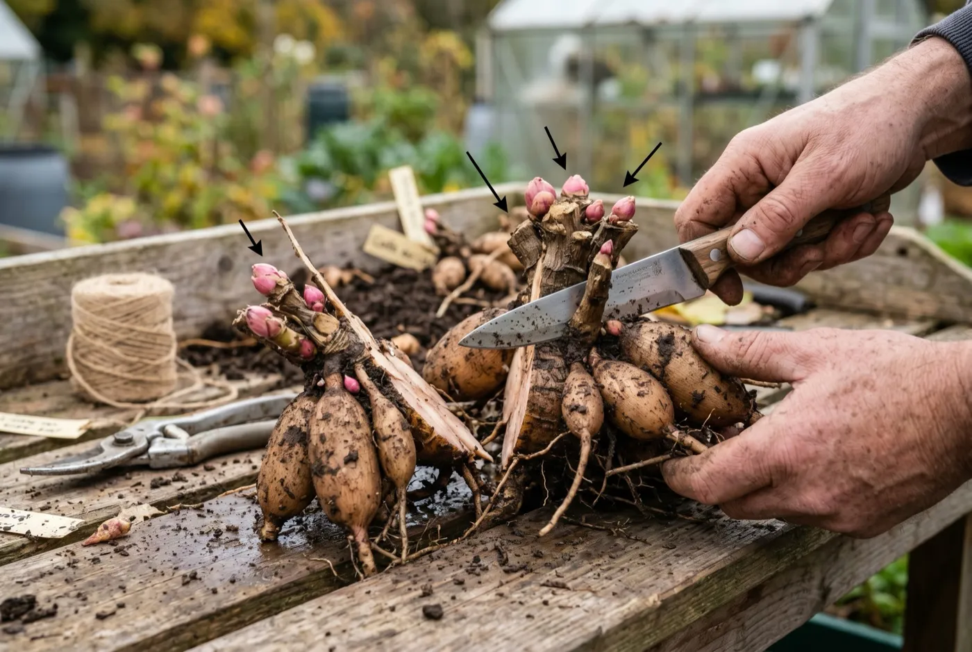 A lifted dahlia tuber clump being split through the crown into several divisions, each with an eye, on a wooden bench