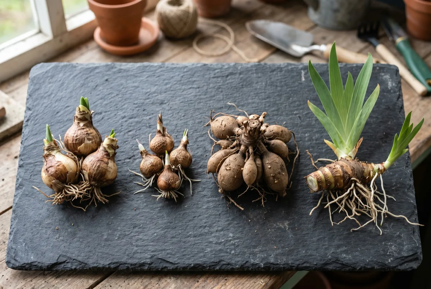 Daffodil bulbs, crocus corms, a dahlia tuber clump and an iris rhizome arranged on a potting bench for comparison
