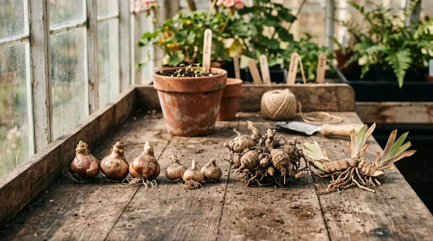 Daffodil bulbs, crocus corms, dahlia tubers and an iris rhizome laid side by side on a potting bench