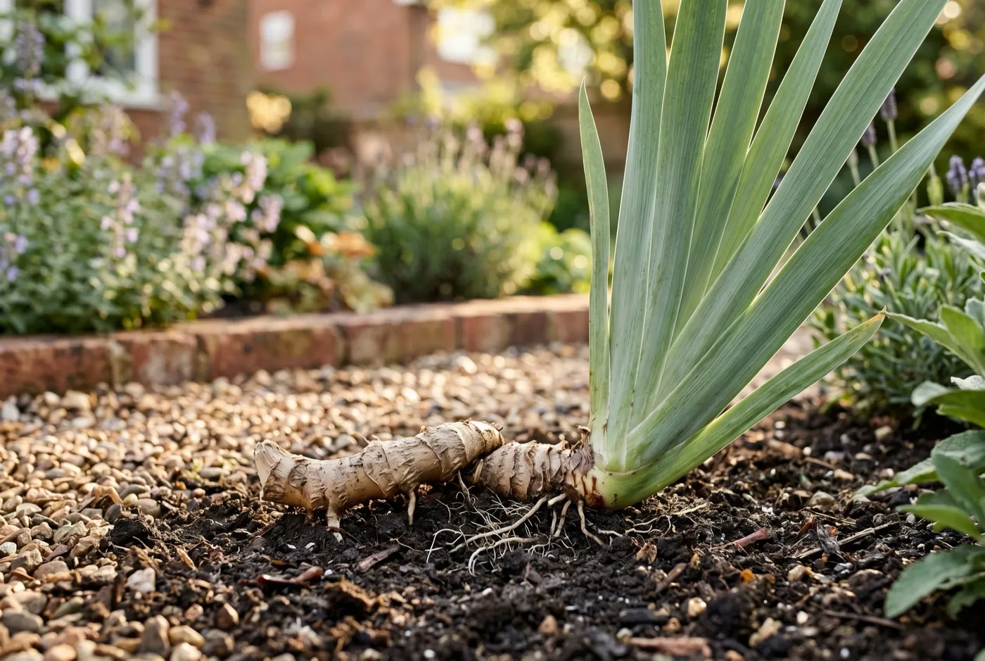A bearded iris rhizome sitting half-exposed on the soil surface with fan of leaves and roots tucked underneath
