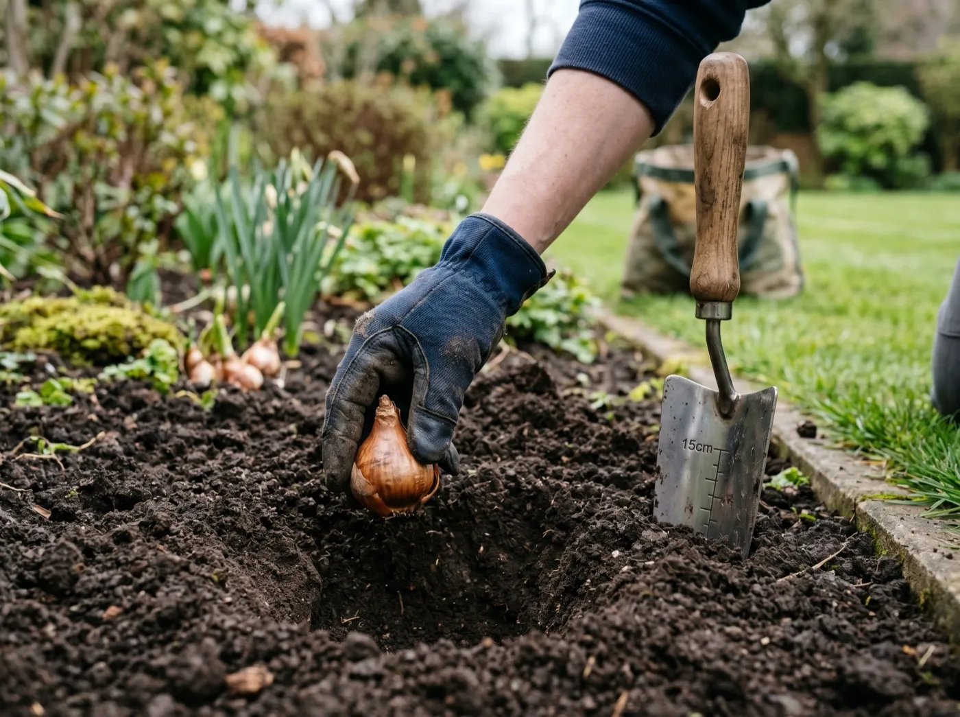 A gloved hand setting a daffodil bulb pointy end up at the bottom of a planting hole with a depth gauge marked at 15cm