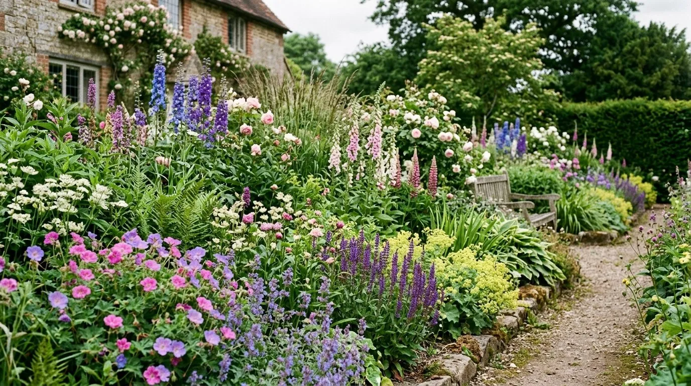 UK garden scene showing bulbs perennial borders layering in seasonal context