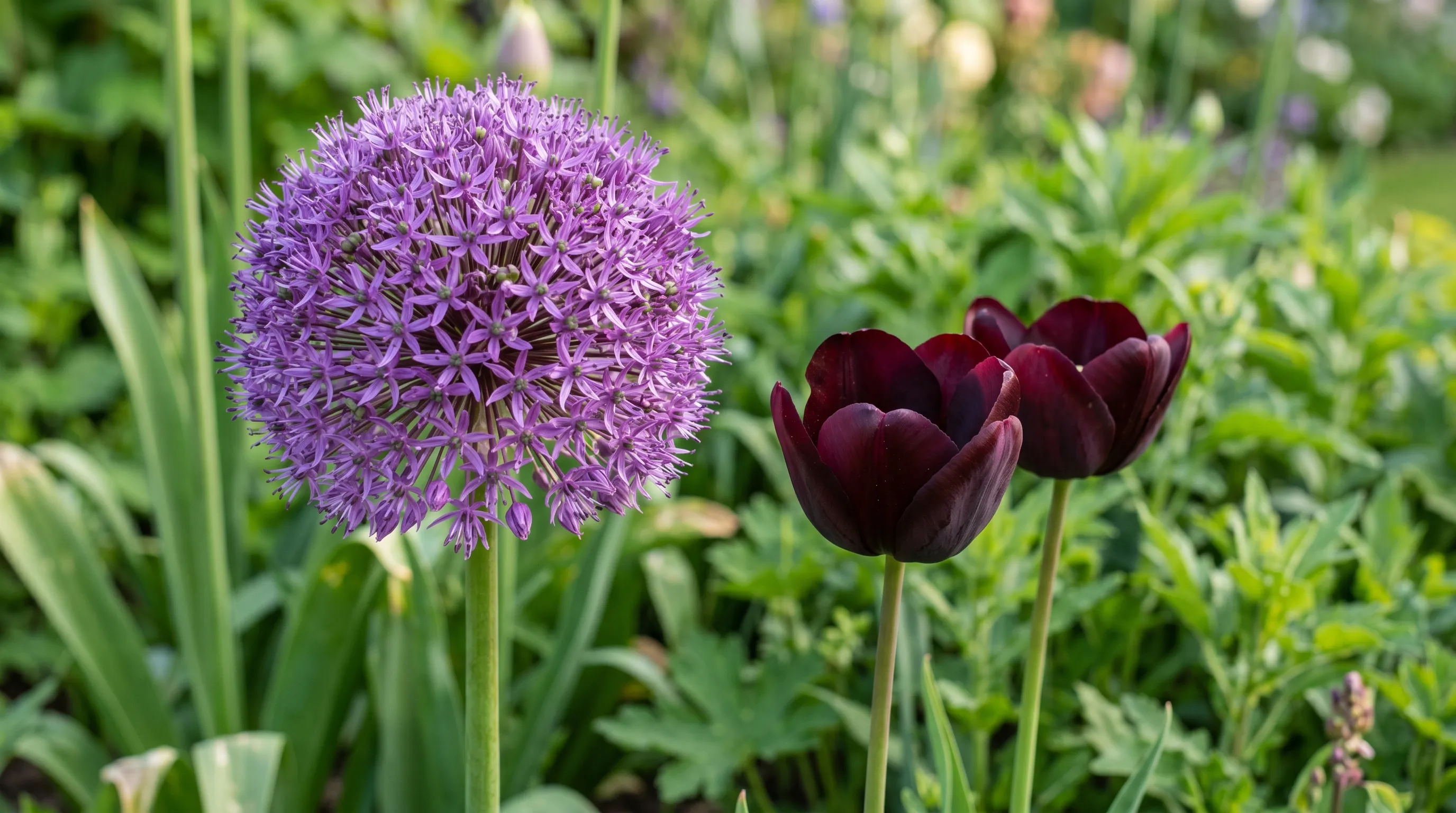 Late-spring close-up of allium globemaster purple sensation and tulip queen of night flowering together in UK border garden