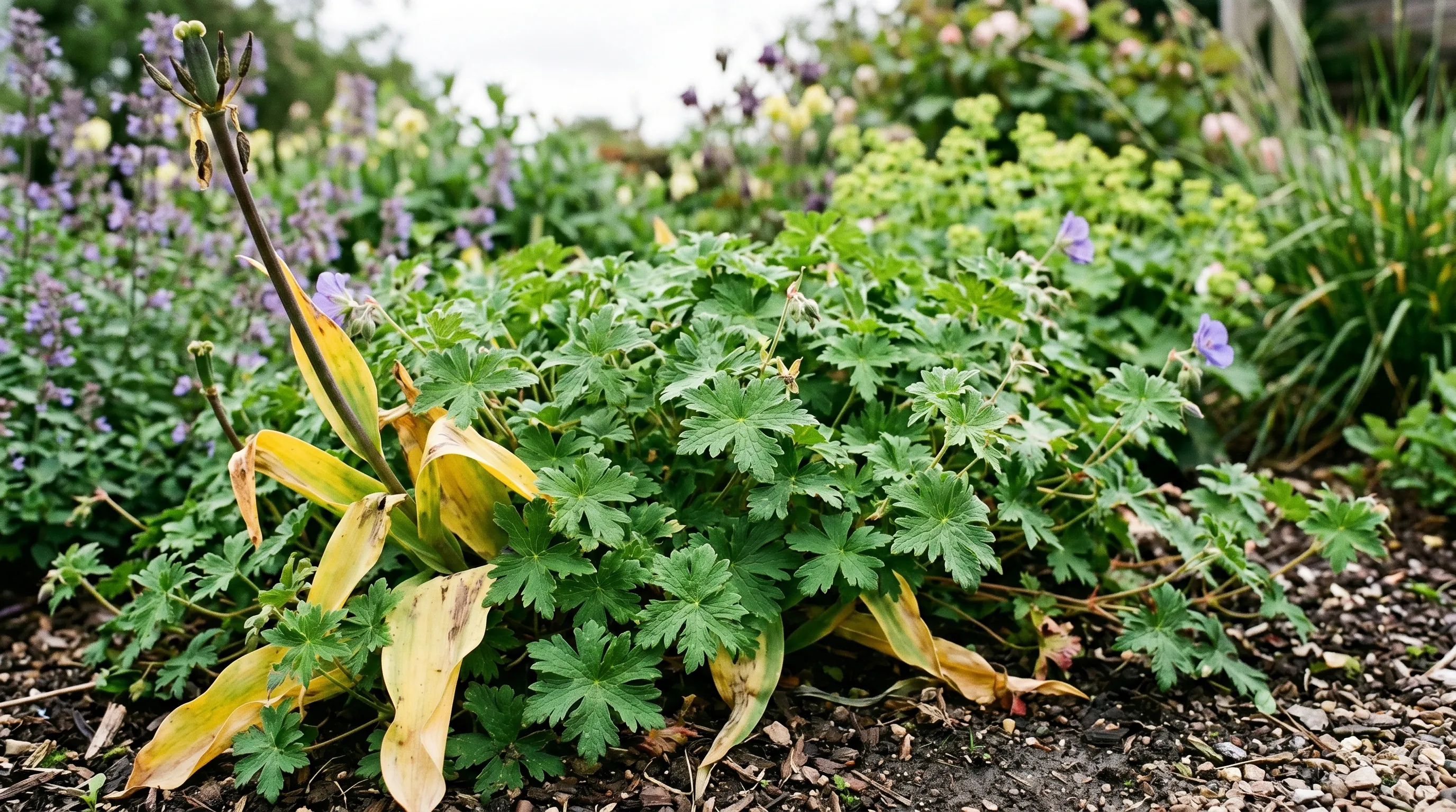 Hardy geranium foliage covering fading tulip leaves in a perennial border in late spring UK garden