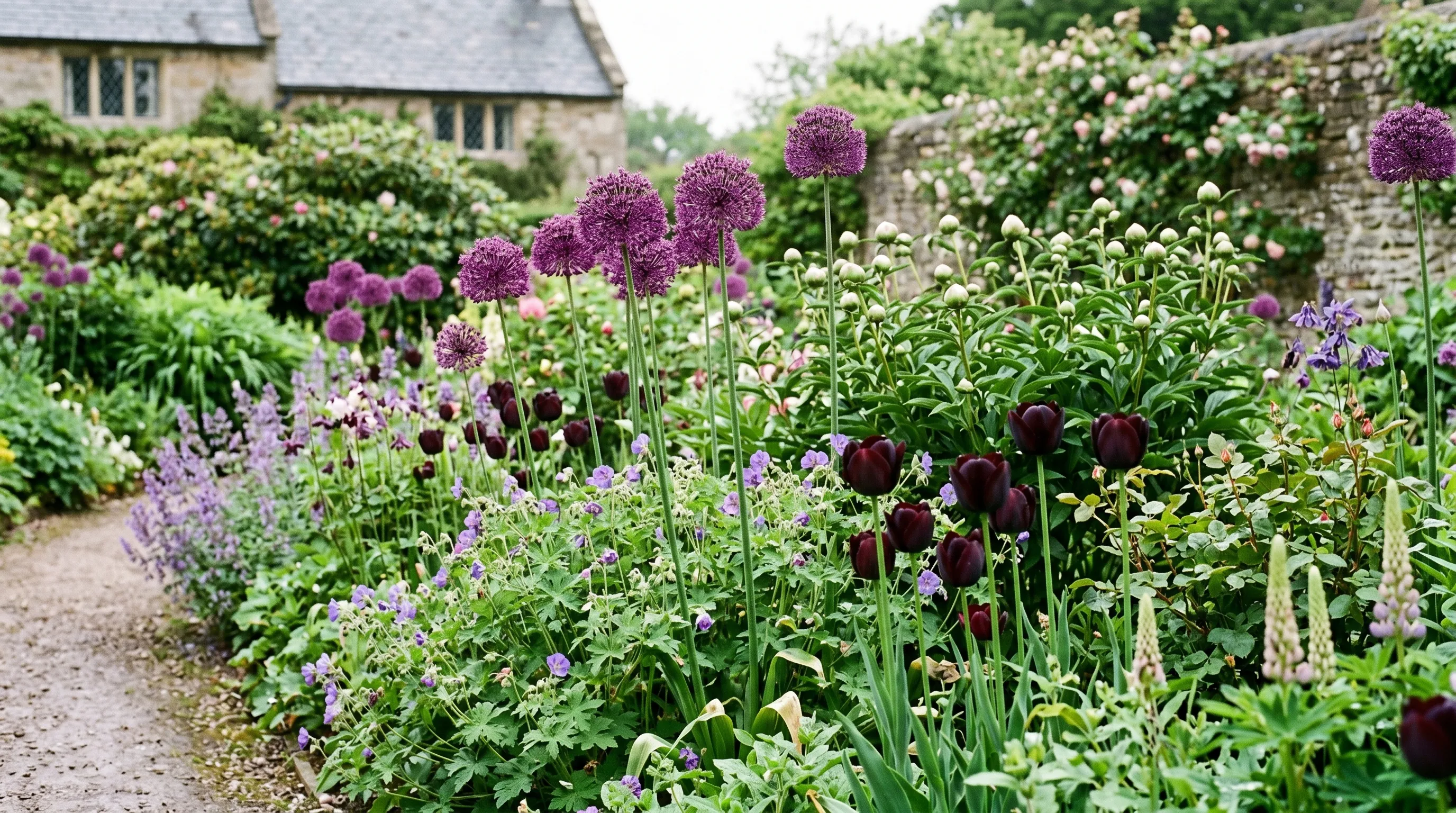 Bulbs in perennial borders showing alliums and tulips weaving through emerging herbaceous foliage in a UK spring garden