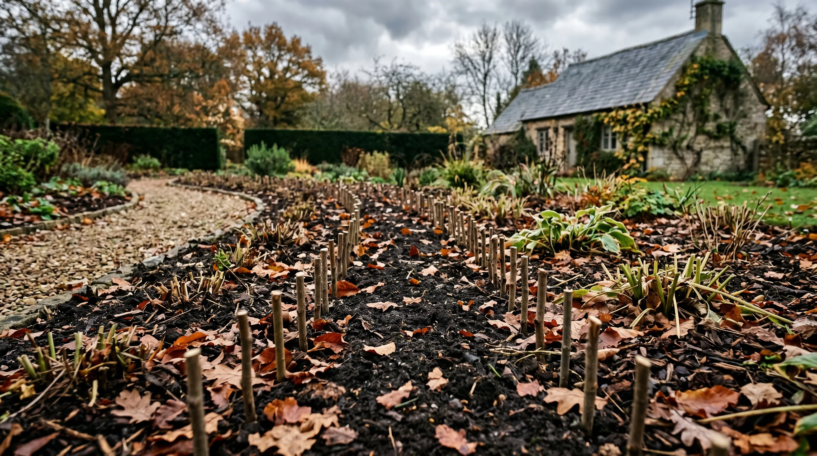 UK autumn border showing willow stake markers indicating bulb planting positions amongst dormant perennials