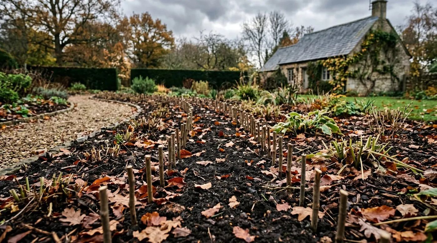 UK autumn border showing willow stake markers indicating bulb planting positions amongst dormant perennials