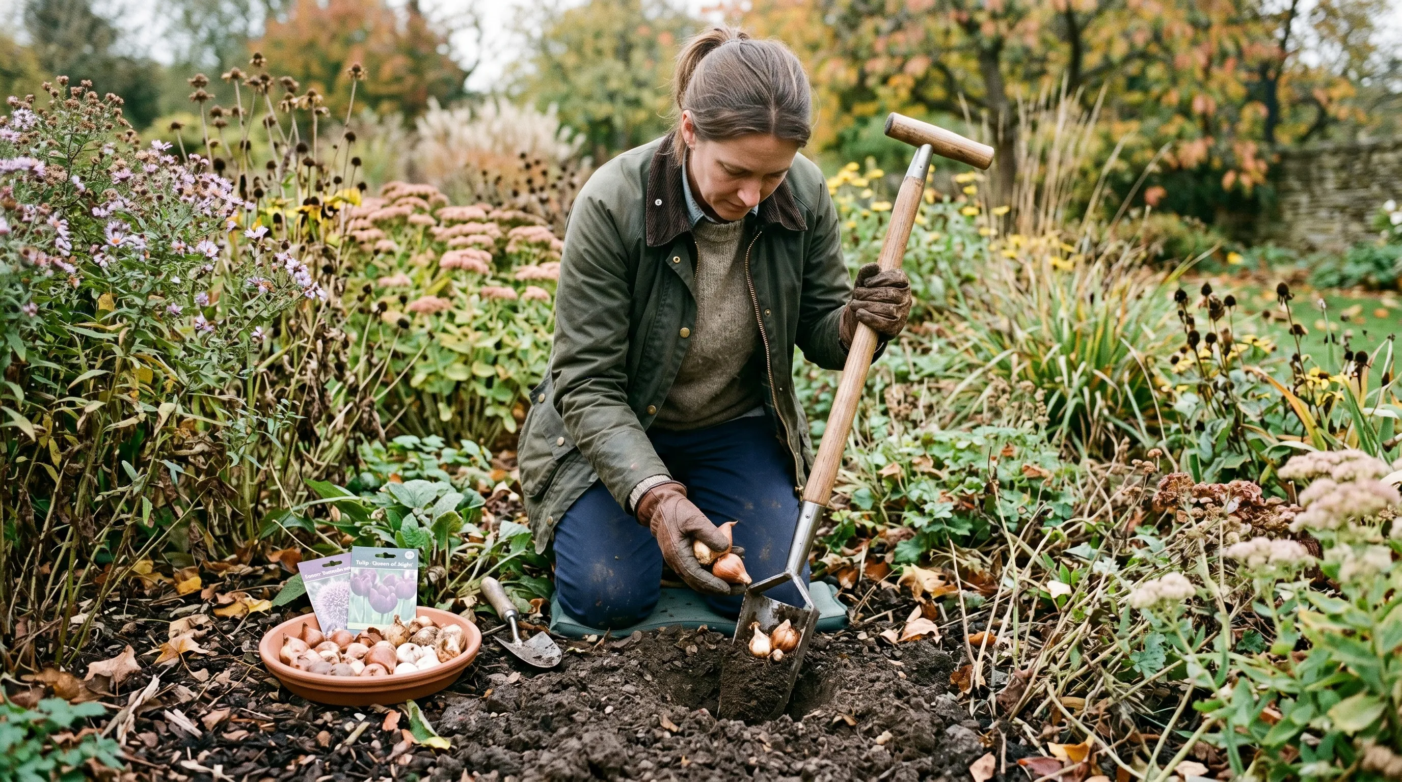 UK gardener planting bulbs in autumn perennial border using bulb planter on heavy clay soil
