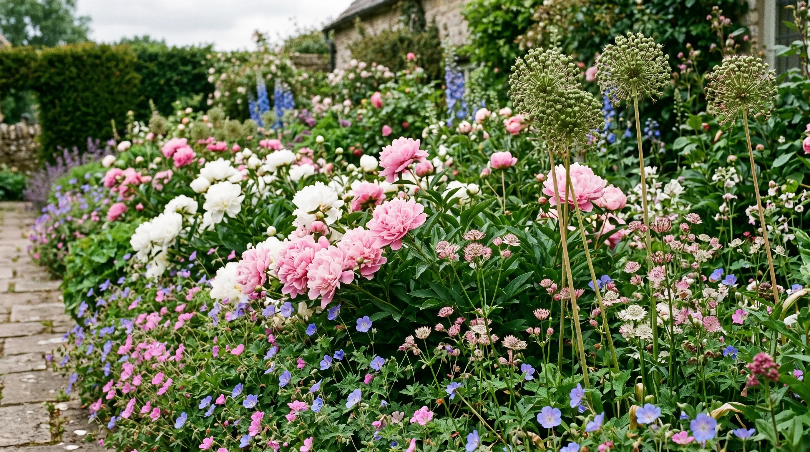 Modern UK perennial border in early summer with peonies hardy geraniums astrantia and the last allium drumsticks rising through the foliage