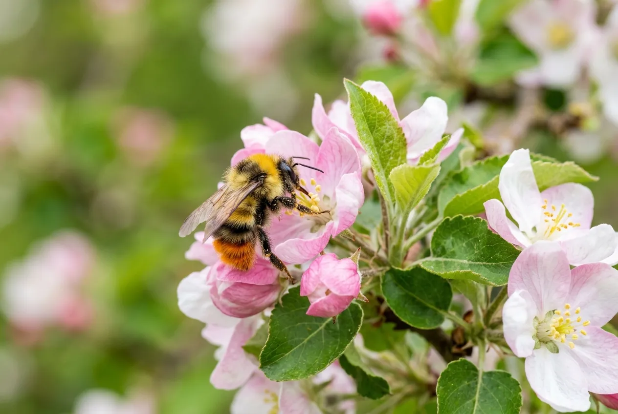 Early bumble bee species on apple blossom in a UK garden during spring